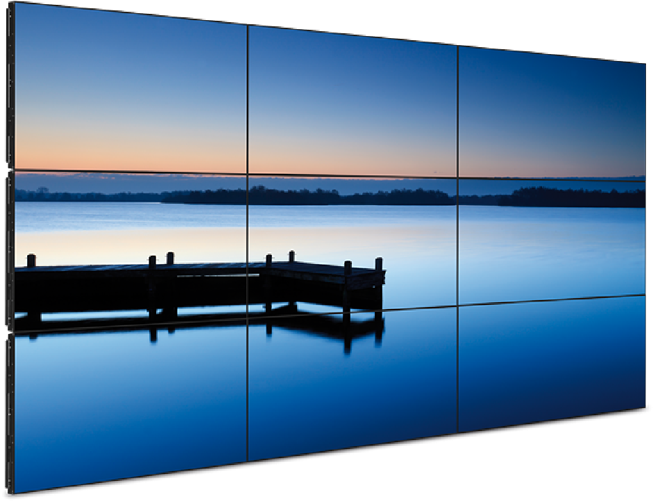 Modular LED display showing a scenic waterfront view