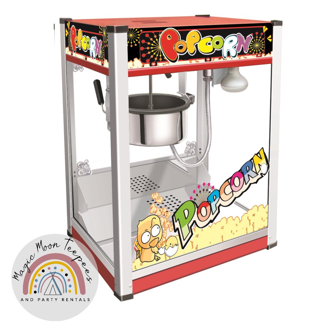 Colorful popcorn stand with a machine