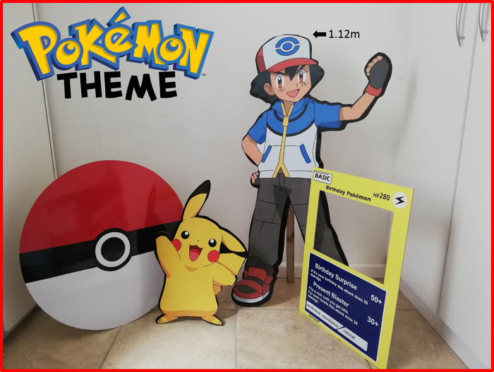 Pokémon themed party decorations including character cutouts and props