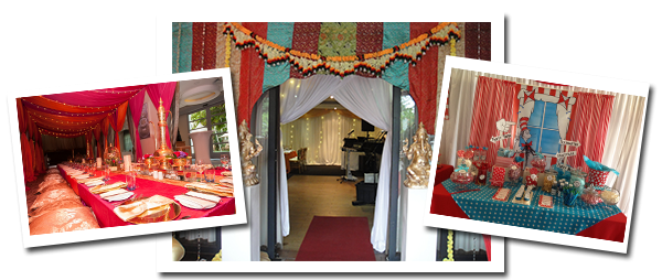 Colorful event setup featuring table settings and decorations.