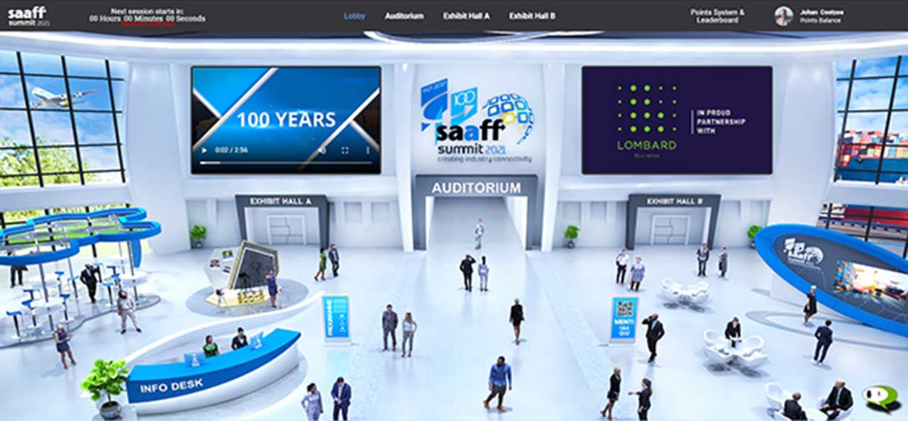 Virtual exhibition hall with booths and large screens