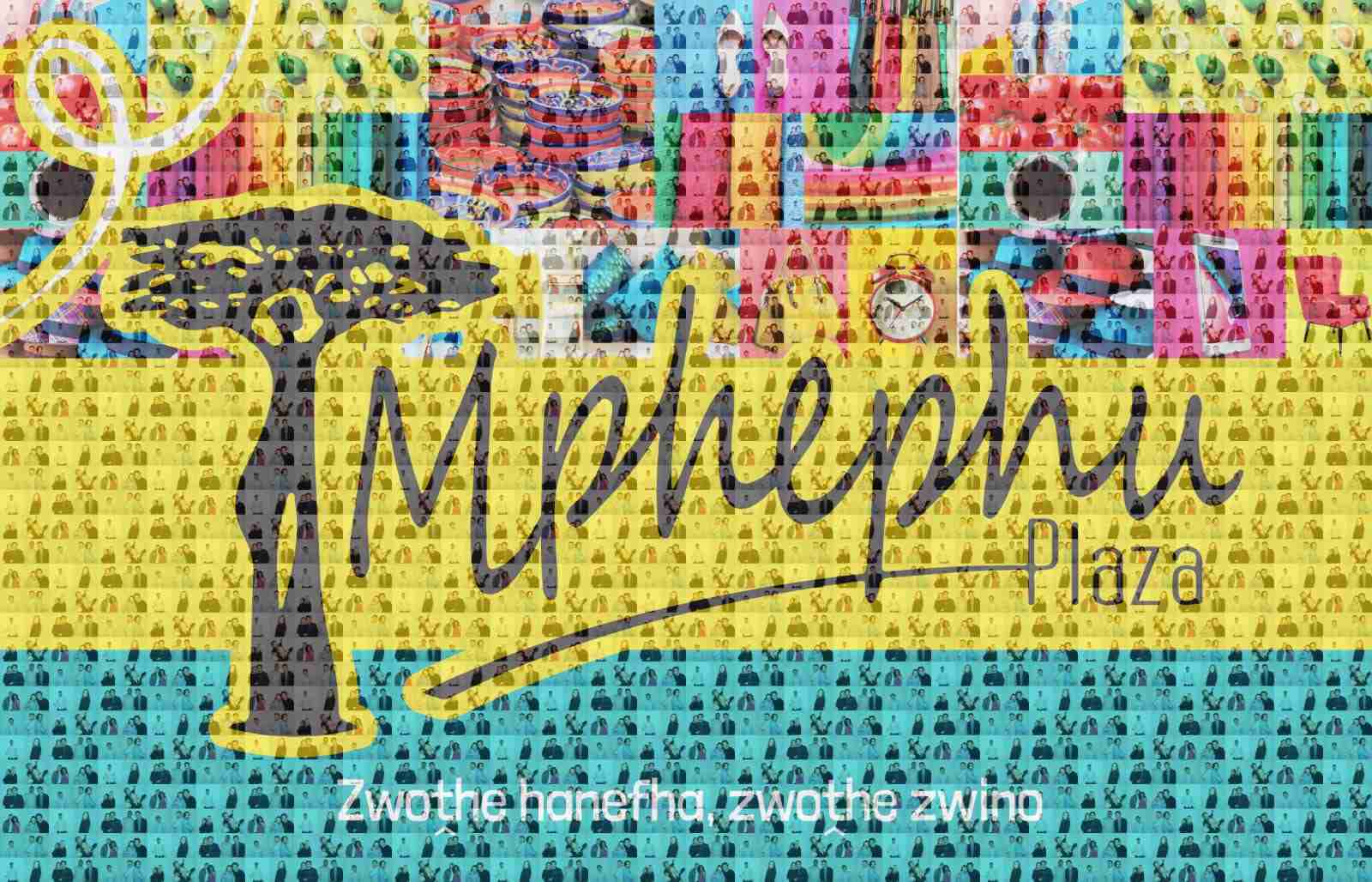 Collage mural at Mphephu Plaza with colorful photos.