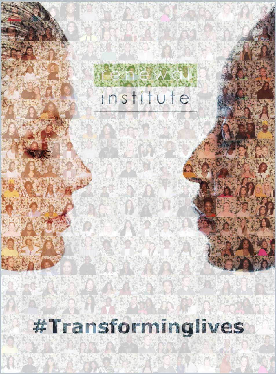 Mosaic artwork showcasing diverse faces with the text 'Transforming Lives'.