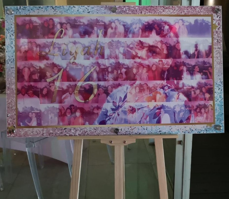 Colorful collage display for a 16th birthday celebration.