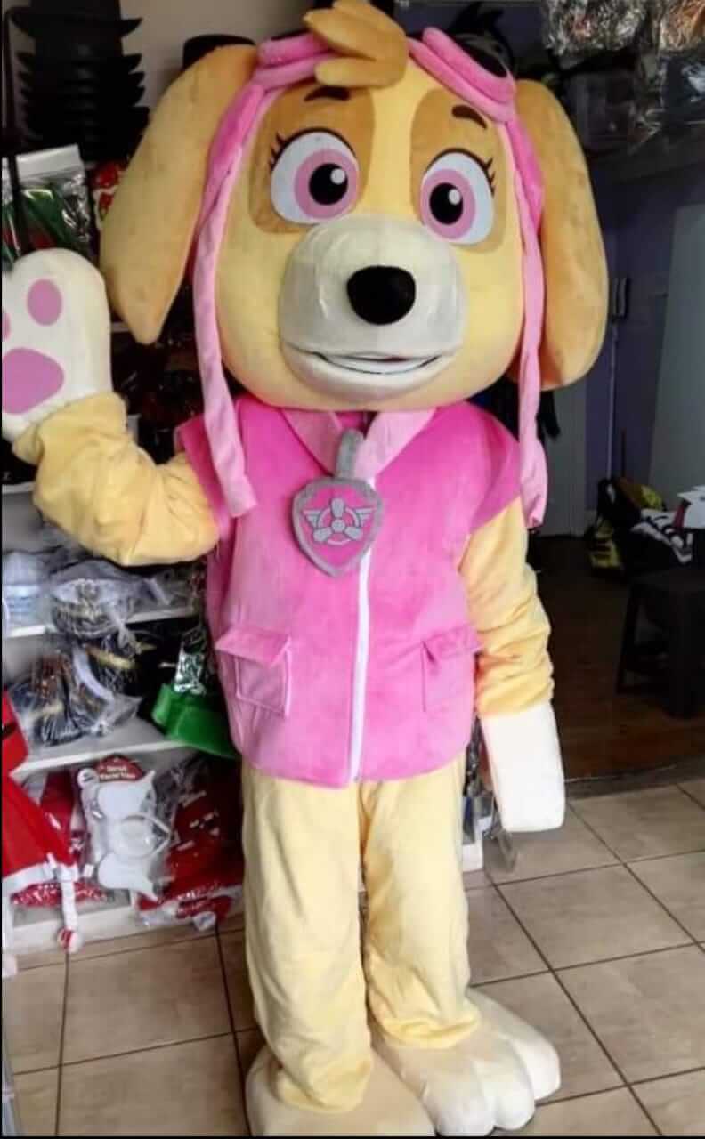 Cheerful dog mascot costume in pink outfit