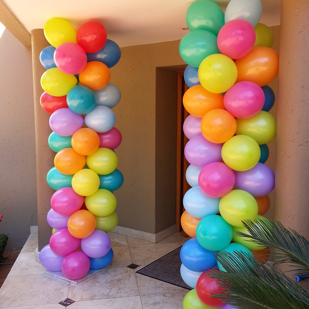Two columns of colorful balloons in various shades
