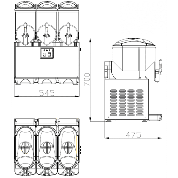 Diagram of a triple barrel slush machine with dimensions