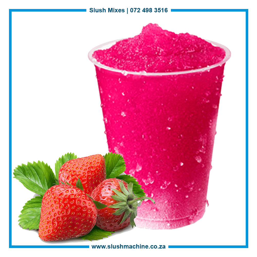 Pink strawberry slush in a cup with fresh strawberries