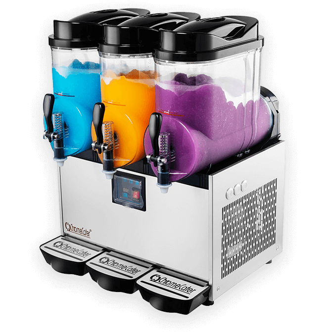 Three-bowl slush machine with vibrant blue, orange, and purple slush.