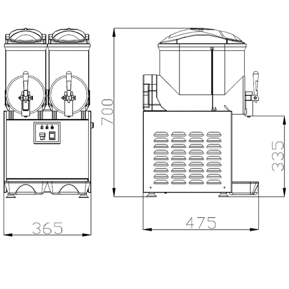 Technical drawing of a slush machine with dimensions