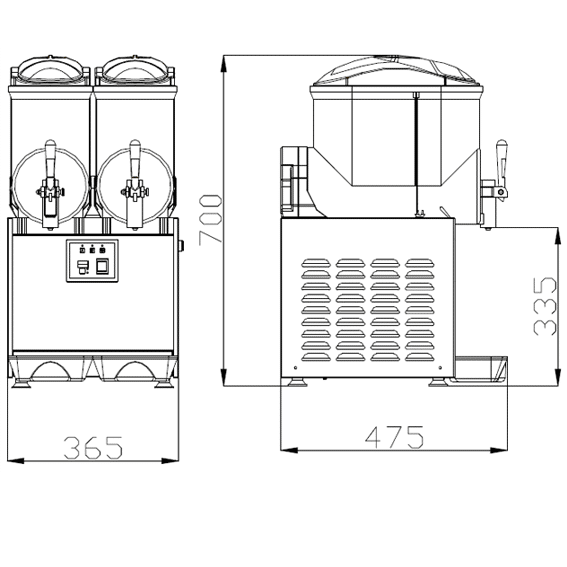 Technical diagram of a double bowl slush machine with dimensions