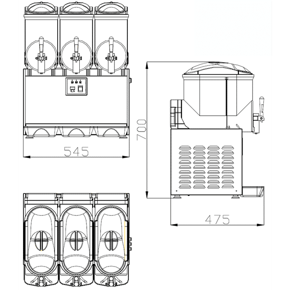 Technical drawing of a slush machine with measurements.