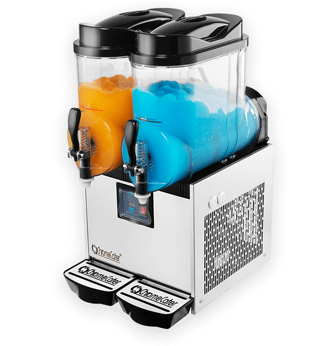Dual slush machine with blue and orange slush in clear containers