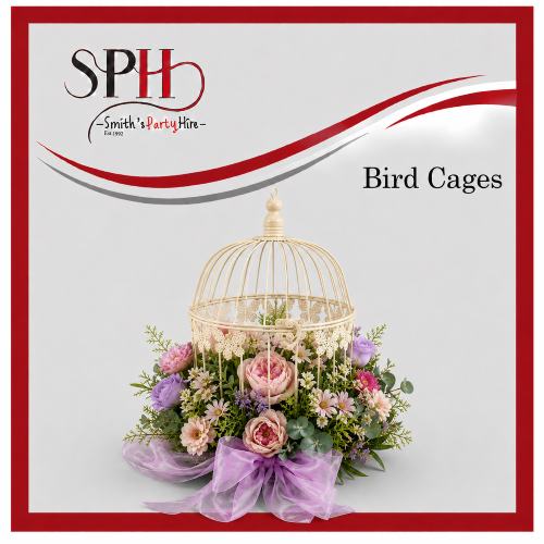 Decorative bird cage with flowers and fabric