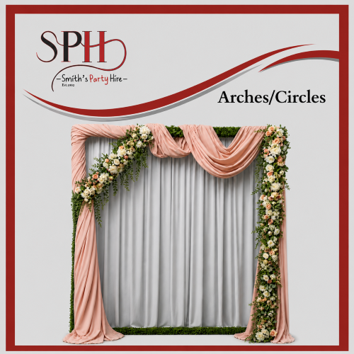 Floral wedding arch with peach drapery and flowers