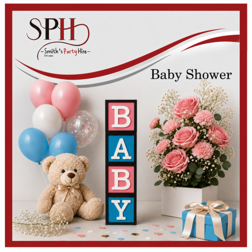 Teddy bear, balloons, and flowers for a baby shower