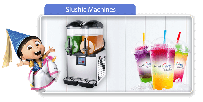 Two slushie machines with colorful slushies and cups.