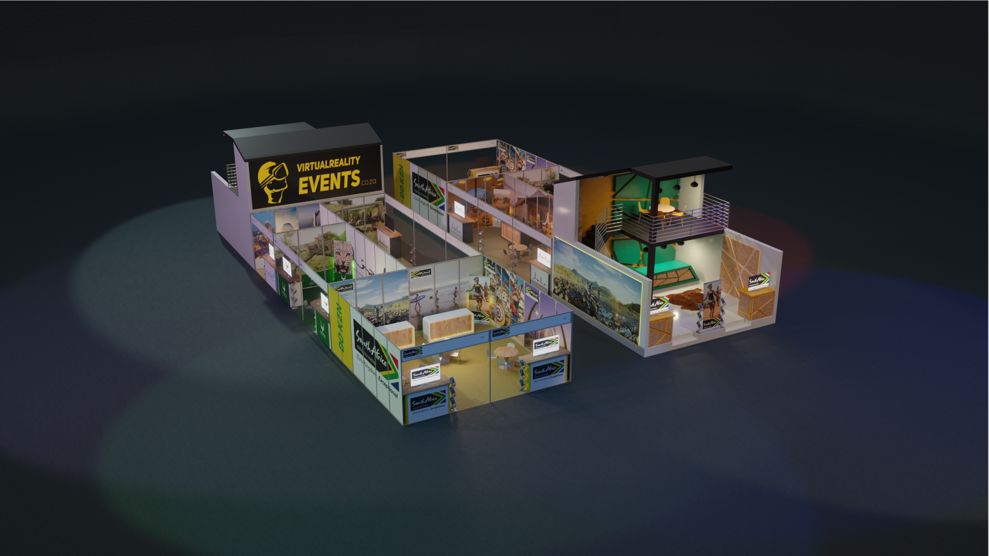 Virtual reality event setup showing various immersive spaces