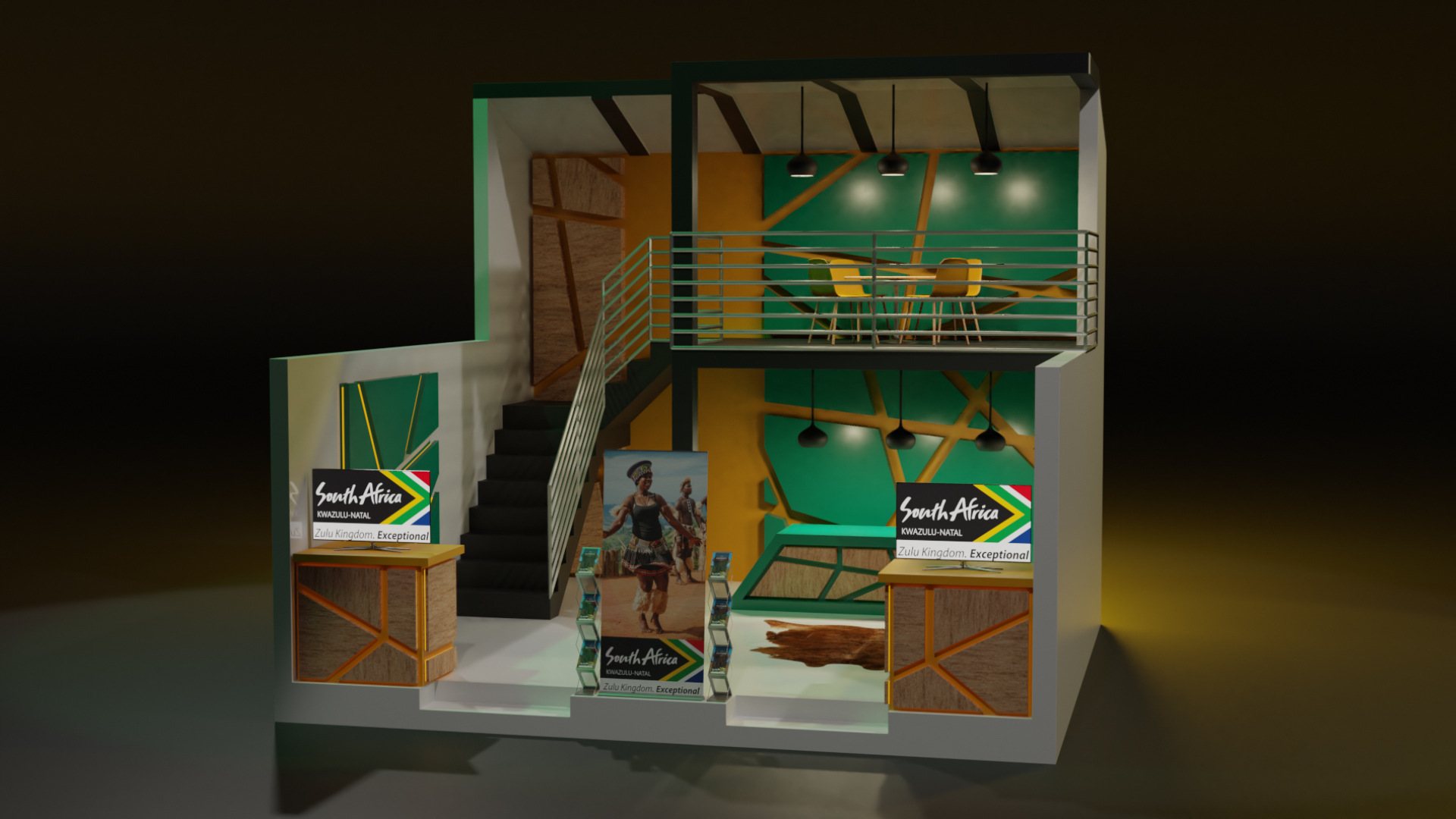 3D rendering of a virtual reality event setup with seating and displays.