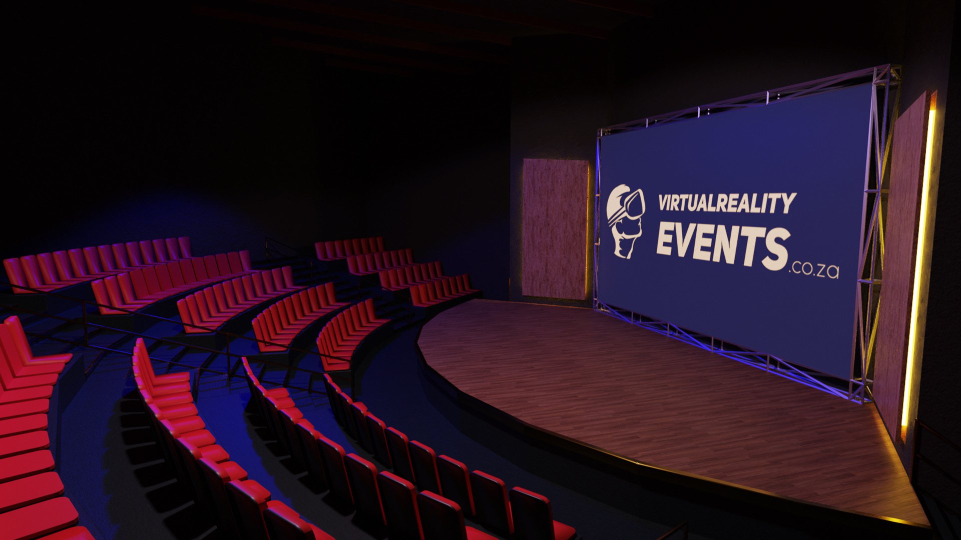 Virtual event stage with seating and large screen