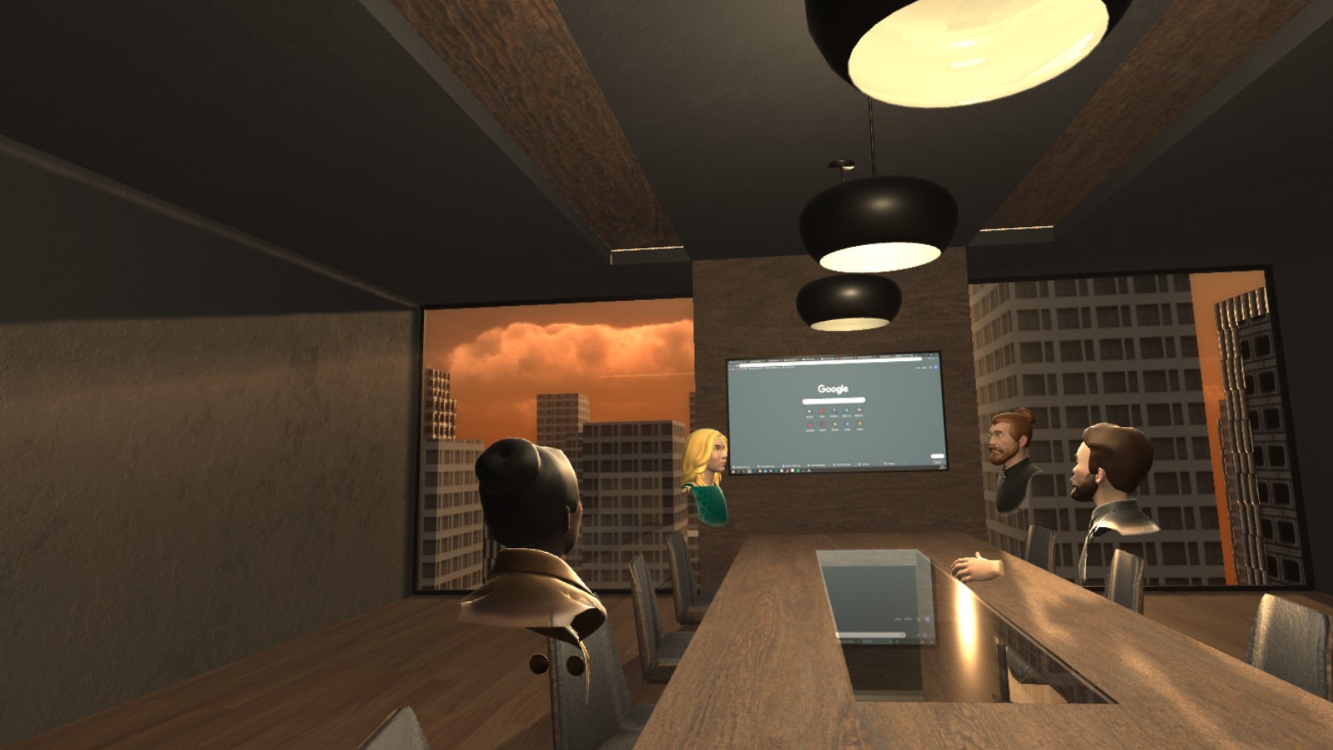 Virtual reality conference room setup with people and digital screen