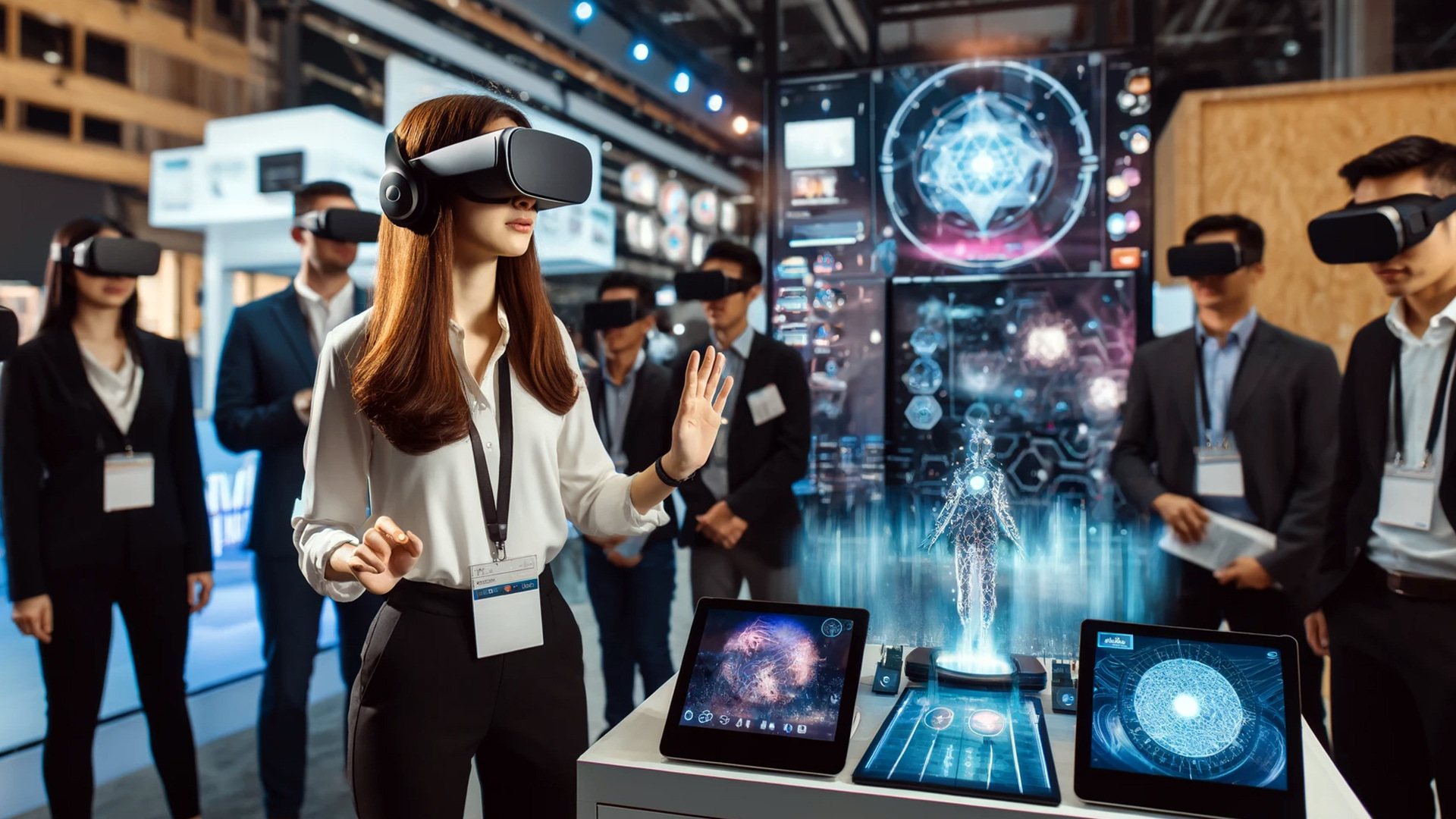 Woman in VR headset interacting with holographic display at an event