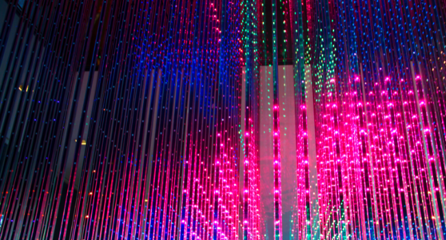 Vertical strips of colorful LED lights.