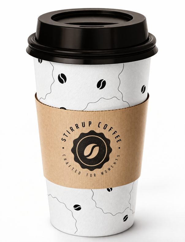 Branded coffee cup with Stirrup Coffee logo and design
