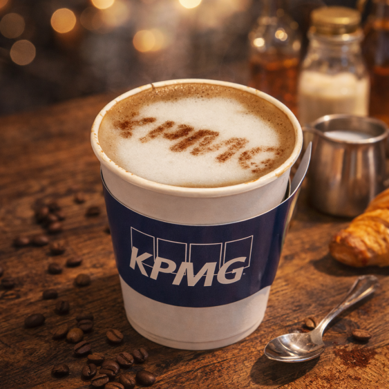 Coffee cup with KPMG logo in foam next to coffee beans