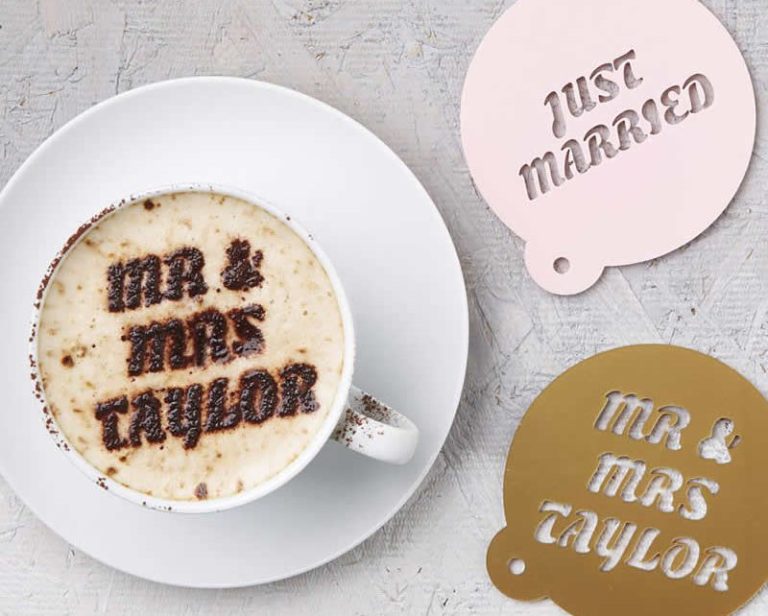 Cappuccino with 'MR & MRS TAYLOR' stencil art