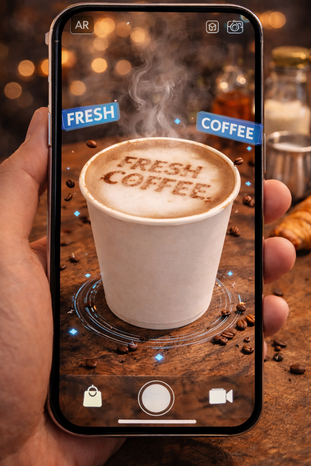 A smartphone showing a cup of coffee with 'FRESH COFFEE' text.