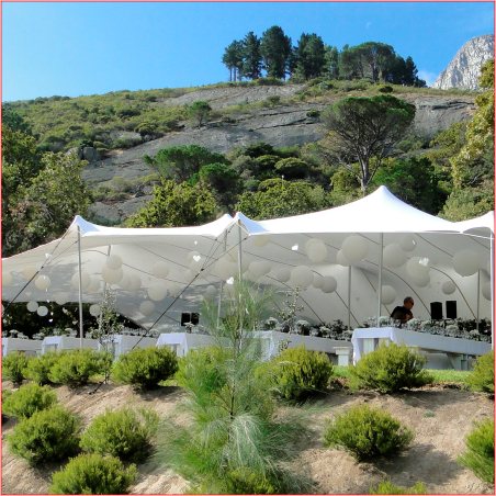 Spacious stretch tent set up in a scenic outdoor location