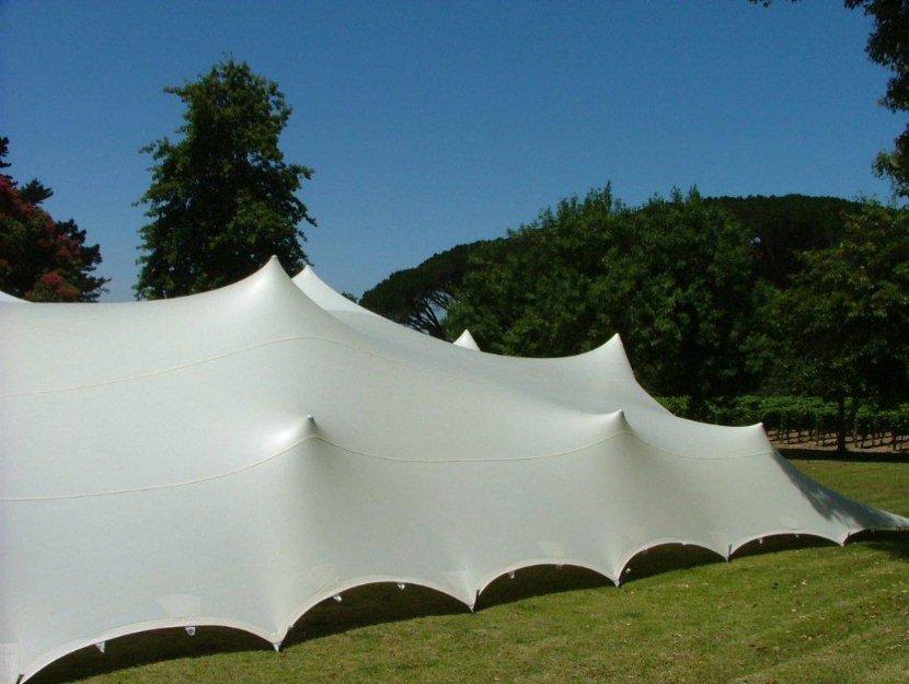 White stretch tent set up on grass