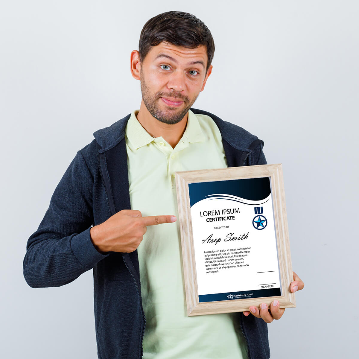 Man holding framed certificate with placeholder text