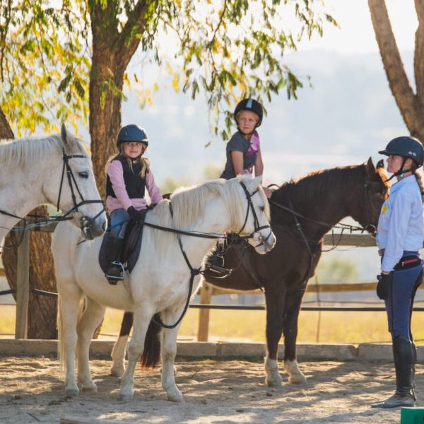 Children on ponies with an instructor in a riding arena