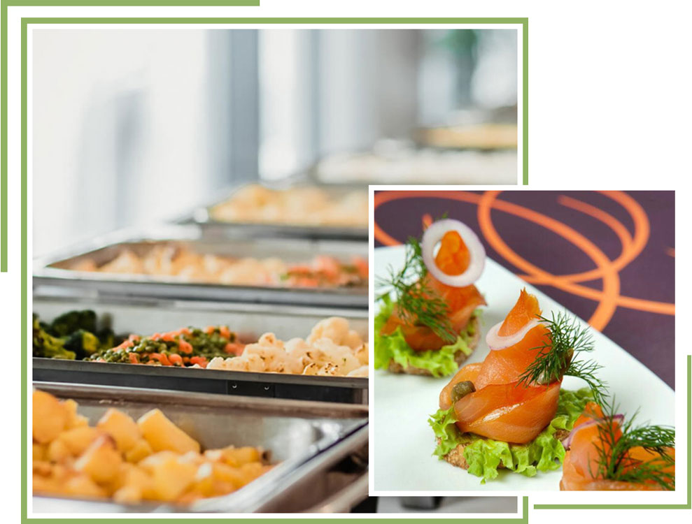 Catering display with food trays and appetizers