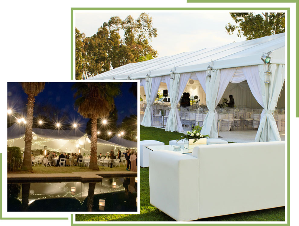 Marquee tent with draping and lighting set up outdoors.