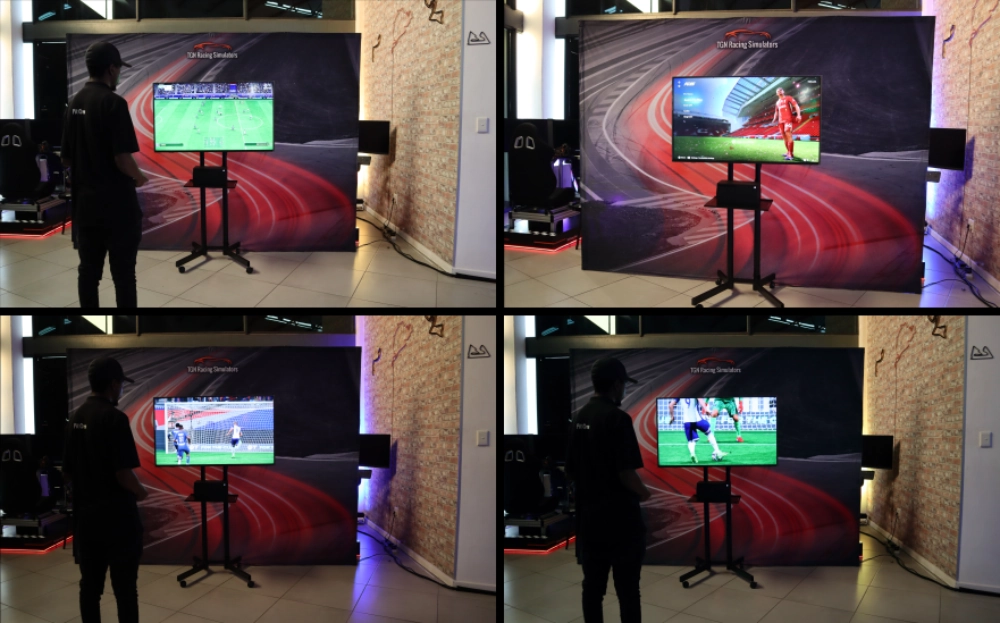 Racing simulator with multiple screens and player at an event