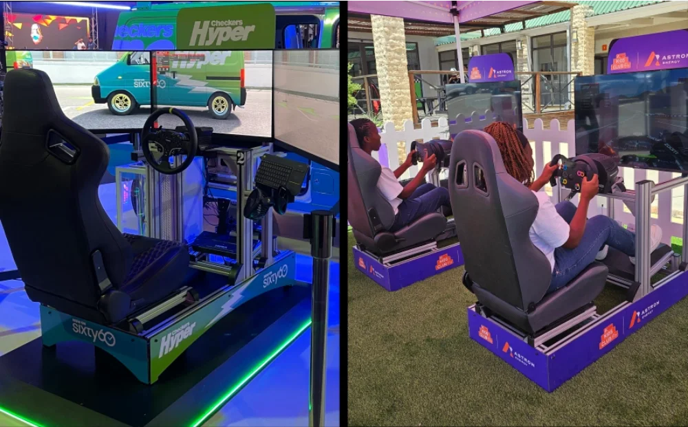 Two racing simulator setups with players engaged in gameplay.