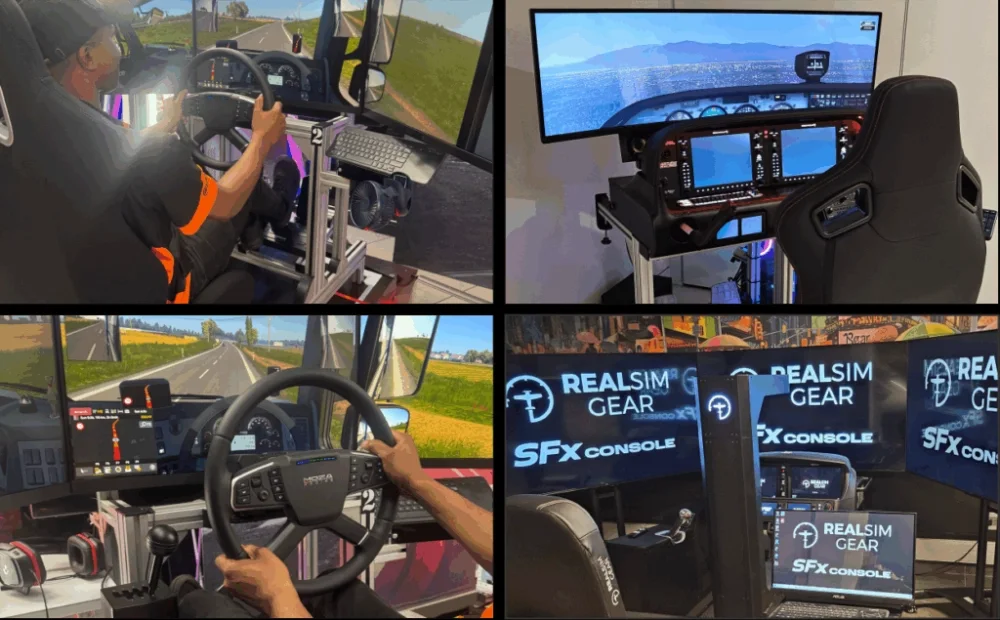 Multiple racing simulator setups with screens and controls