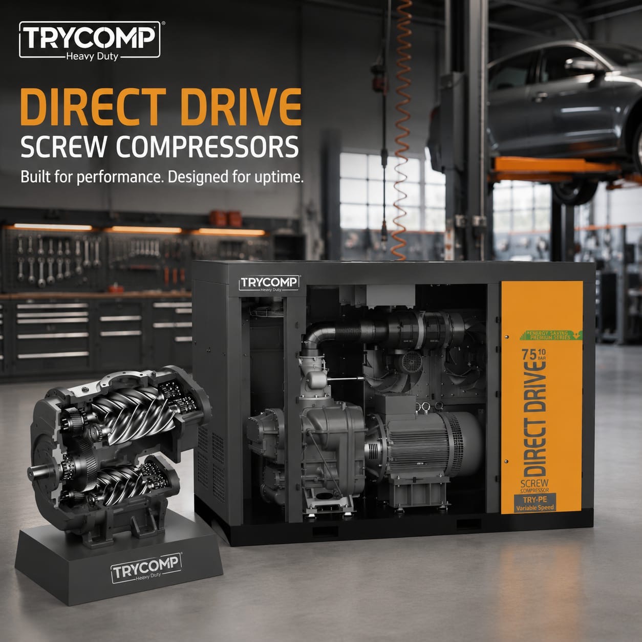 A detailed view of Trycomp Direct Drive Screw Compressors in a workshop.