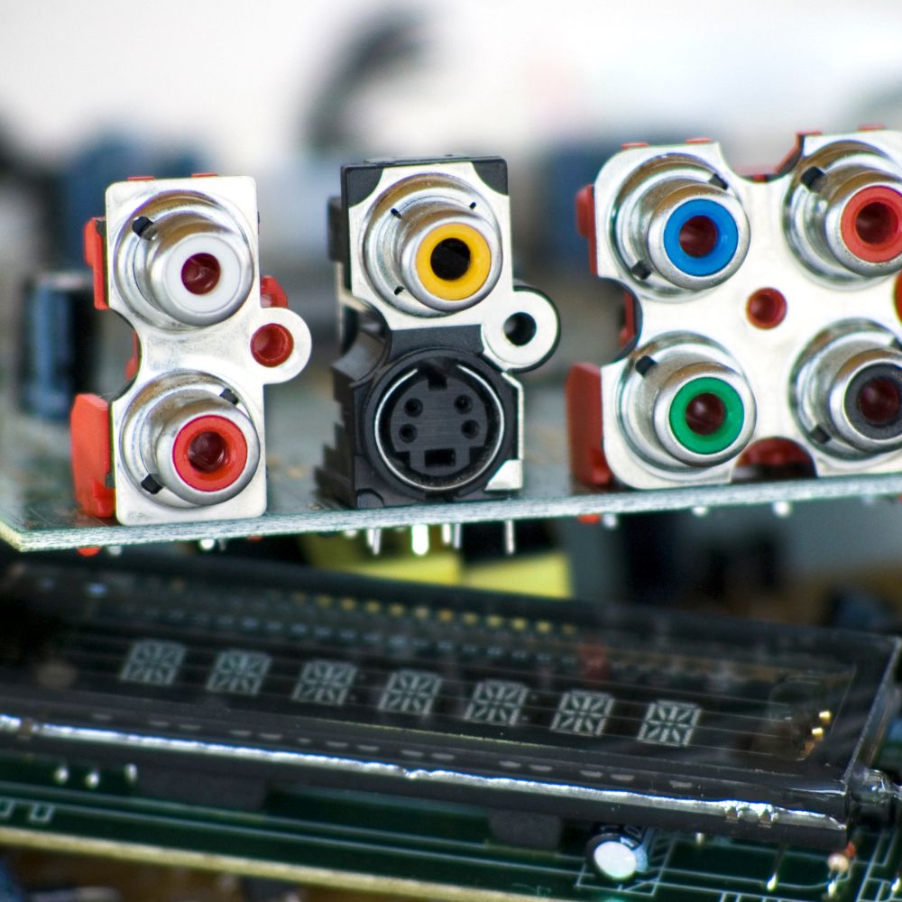 Close-up of an audio connector panel with multiple ports.