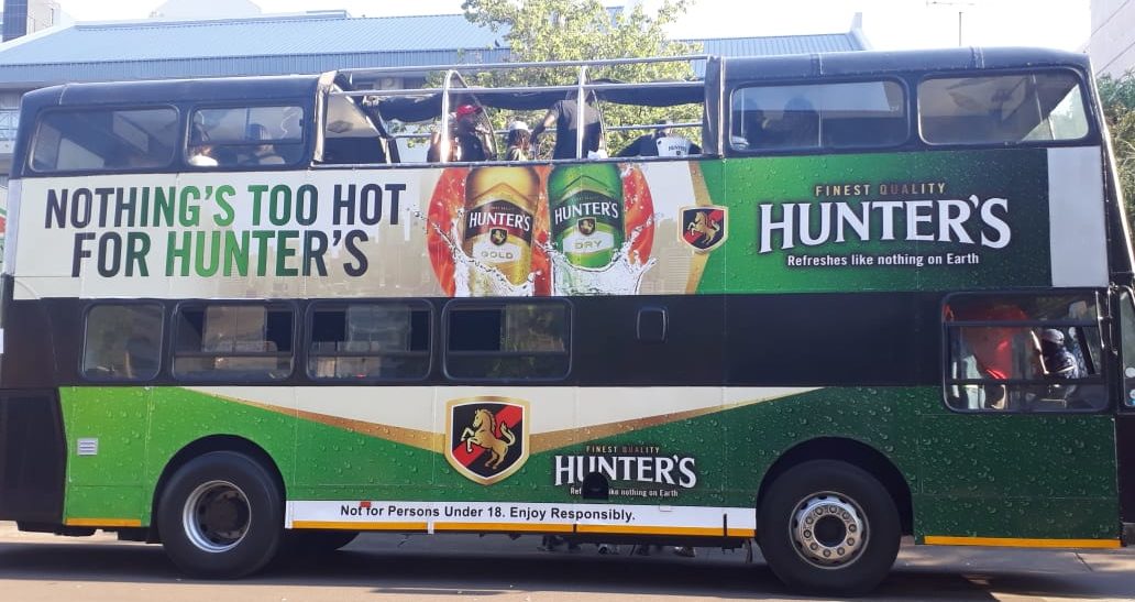 Double Decker Party Bus with Hunter's advertising