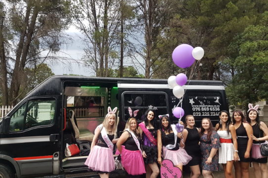 Group of friends posing outside a party bus with balloons
