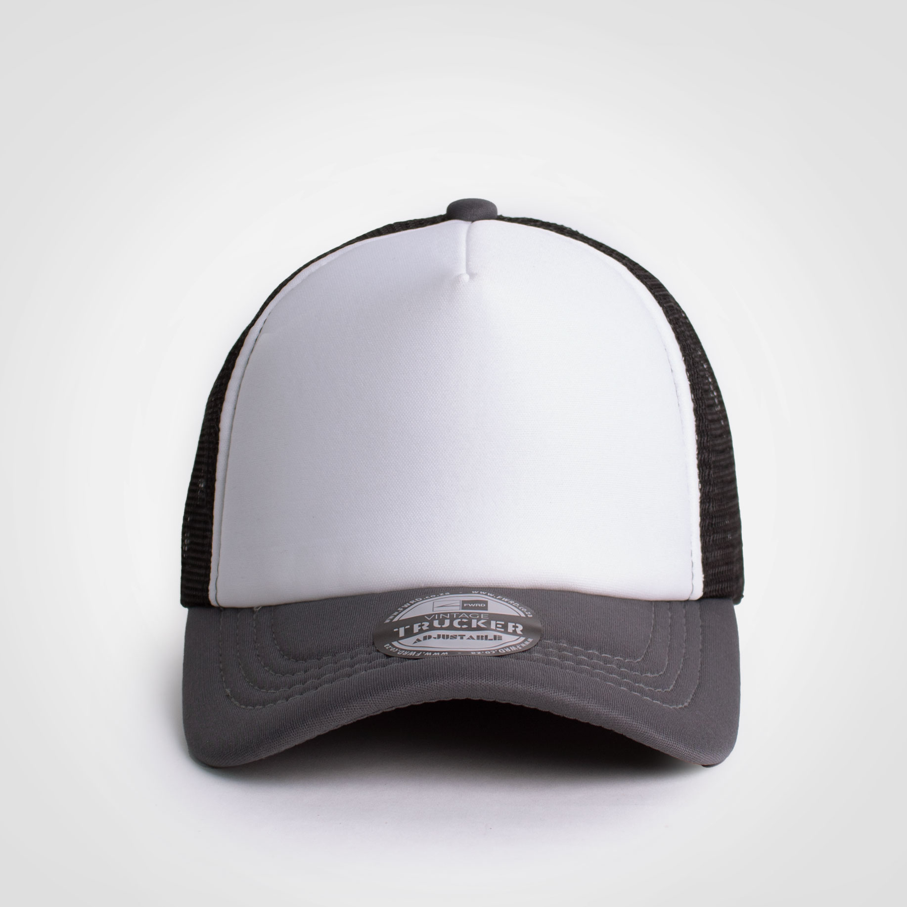Plain white trucker cap with black mesh back.