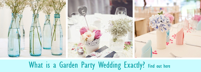 Decor ideas for a garden party wedding with flowers and table settings.