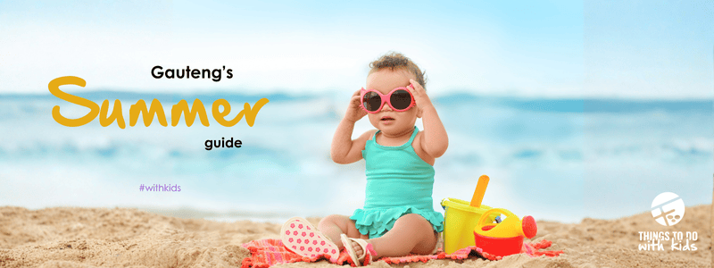 Graphic of a child on the beach with summer guide text