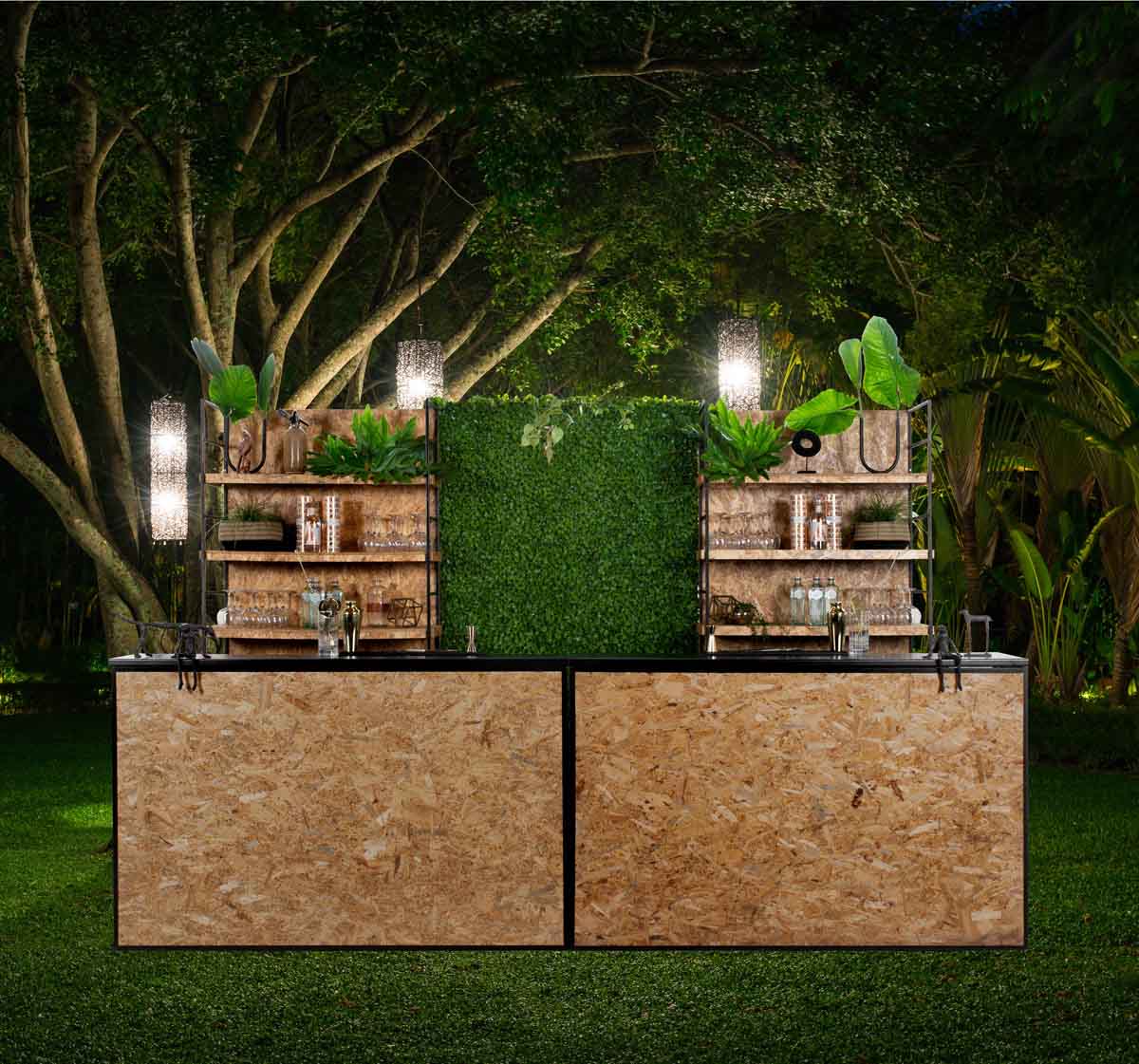 Mobile coffee bar with plants and lights in a green setting