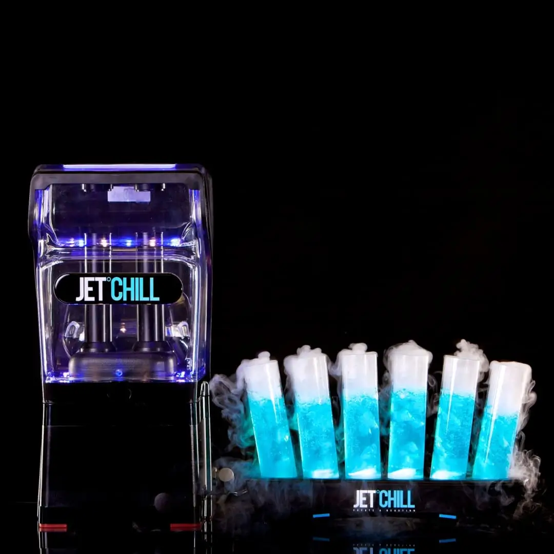 Jetchill machine with blue glowing beverage tubes and dry ice effect