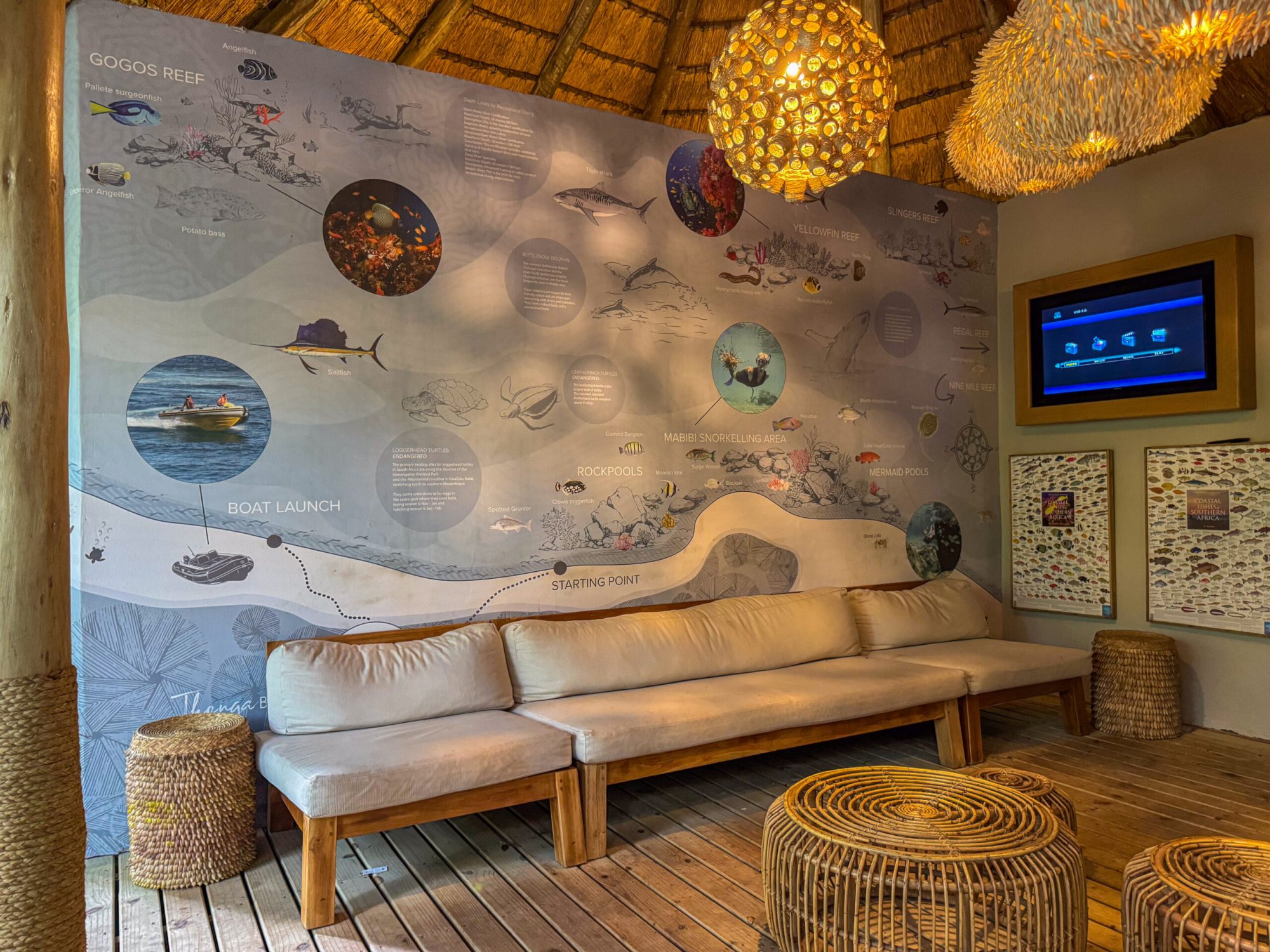 Cozy lounge area with seating and informative wall art
